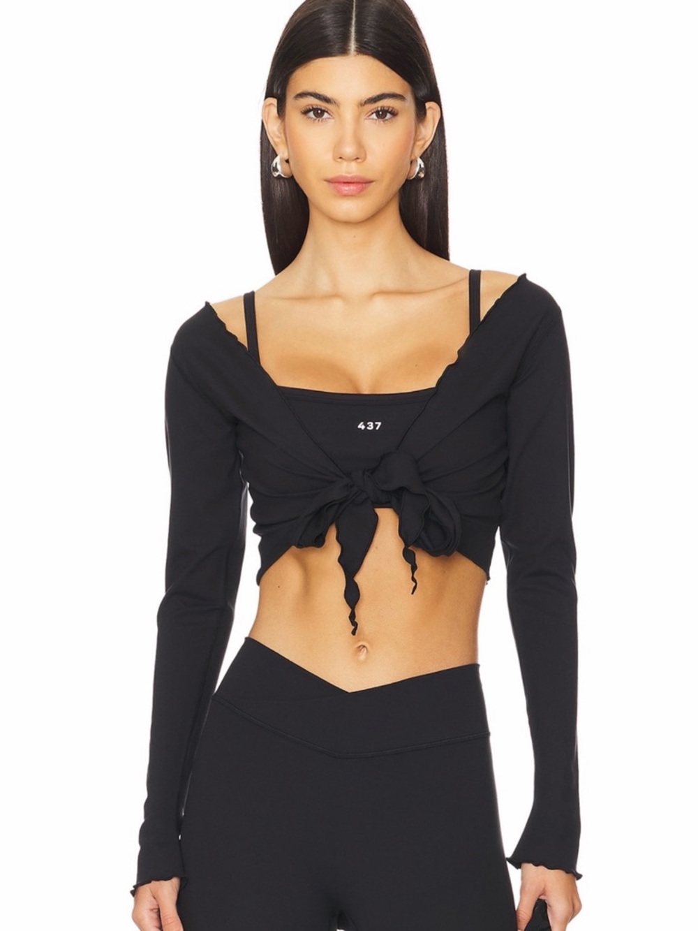 437 Black Long Sleeve Tie-Front Crop Top